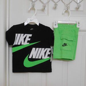 NWT 2pc Nike Black Green White Logo Shirt & Green Cargo Shorts Set sz 2t